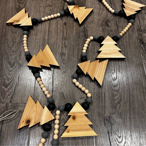 Rustic Farmhouse Christmas Garland Set Holiday Trees Wooden Beads Neutral 55” - Picture 2 of 8